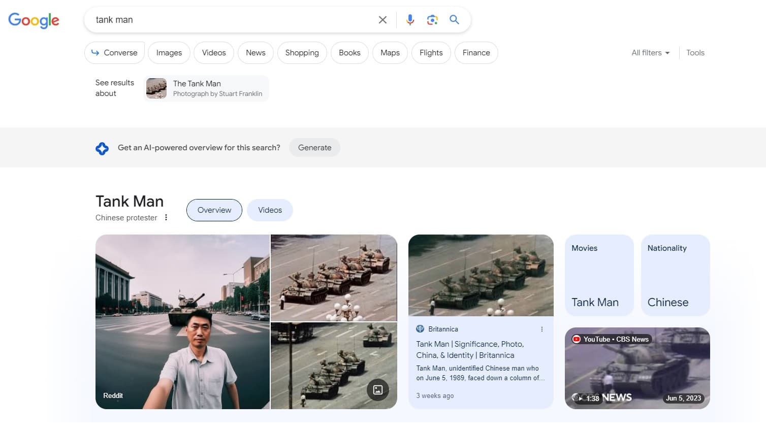 Google Search fake AI photo tank man 2